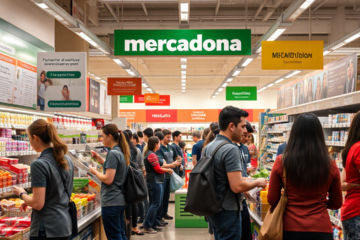 Empleados trabajando en Mercadona, destacando sus salarios y beneficios.