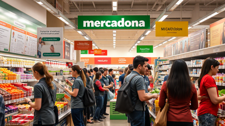 Empleados trabajando en Mercadona, destacando sus salarios y beneficios.