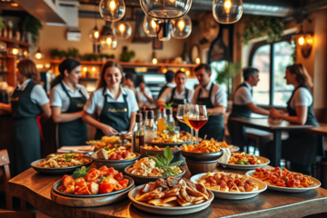 Empleados de Lizarran disfrutando de su trabajo en el sector de tapas, mostrando un ambiente dinámico y colaborativo.