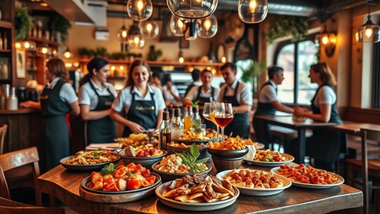 Empleados de Lizarran disfrutando de su trabajo en el sector de tapas, mostrando un ambiente dinámico y colaborativo.